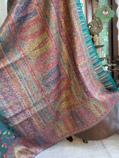 Devika | Teal Blue & Rust Red Kashmiri Pure Kani Tissue Silk Jamavar Weave Saree | Made To Order