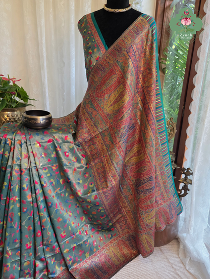 Devika | Teal Blue & Rust Red Kashmiri Pure Kani Tissue Silk Jamavar Weave Saree | Made To Order