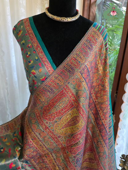 Devika | Teal Blue & Rust Red Kashmiri Pure Kani Tissue Silk Jamavar Weave Saree | Made To Order