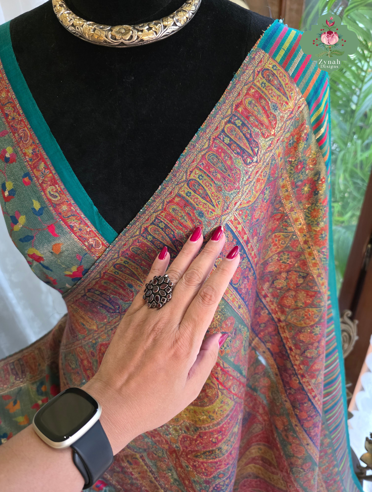 Devika | Teal Blue & Rust Red Kashmiri Pure Kani Tissue Silk Jamavar Weave Saree | Made To Order