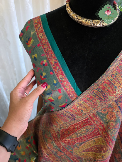 Devika | Teal Blue & Rust Red Kashmiri Pure Kani Tissue Silk Jamavar Weave Saree | Made To Order