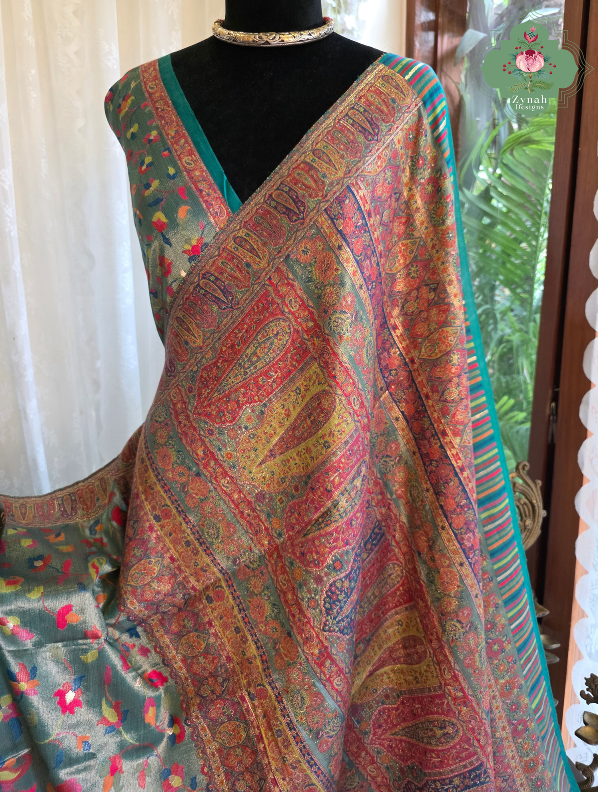 Devika | Teal Blue & Rust Red Kashmiri Pure Kani Tissue Silk Jamavar Weave Saree | Made To Order
