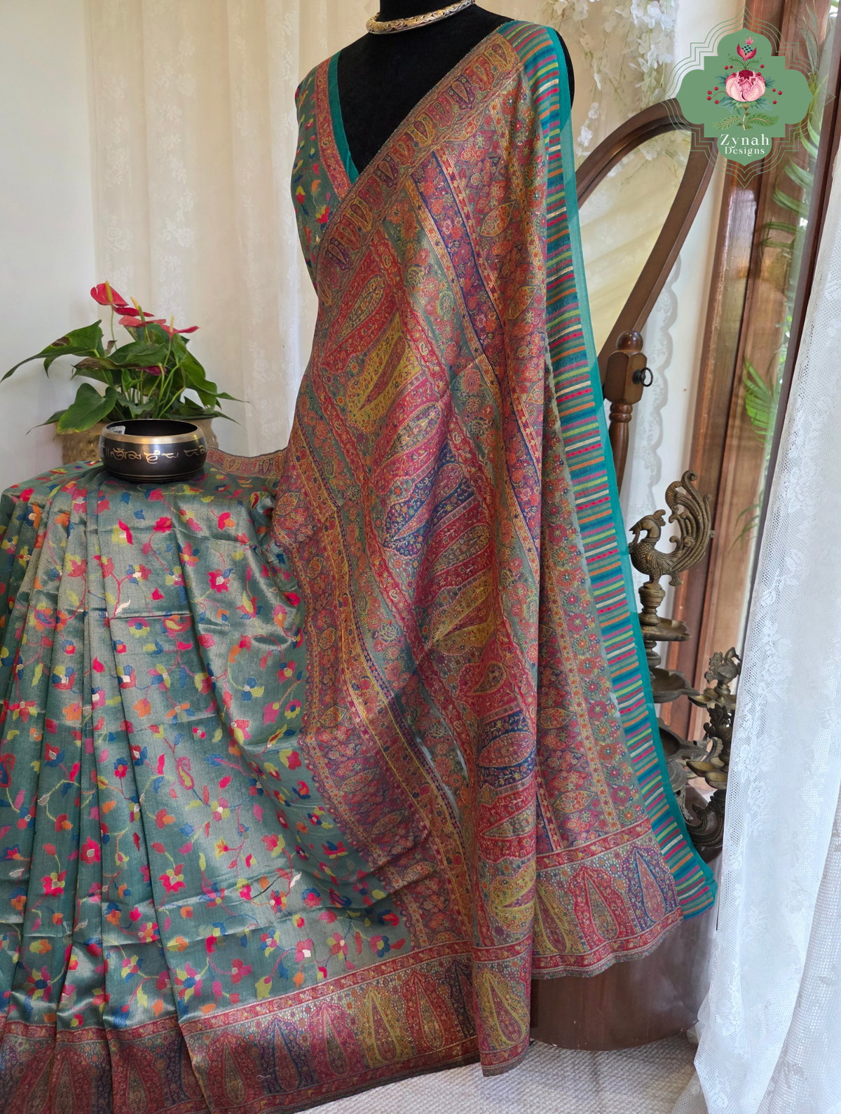 Devika | Teal Blue & Rust Red Kashmiri Pure Kani Tissue Silk Jamavar Weave Saree | Made To Order