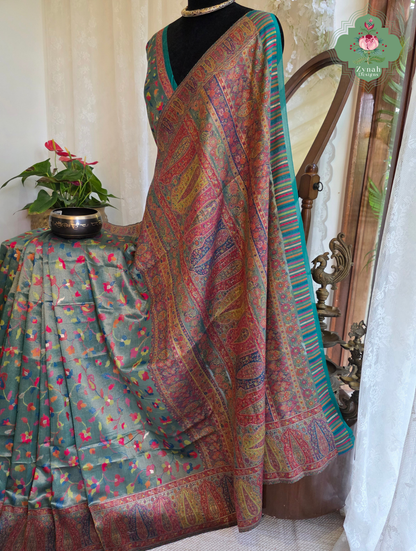 Devika | Teal Blue & Rust Red Kashmiri Pure Kani Tissue Silk Jamavar Weave Saree | Made To Order