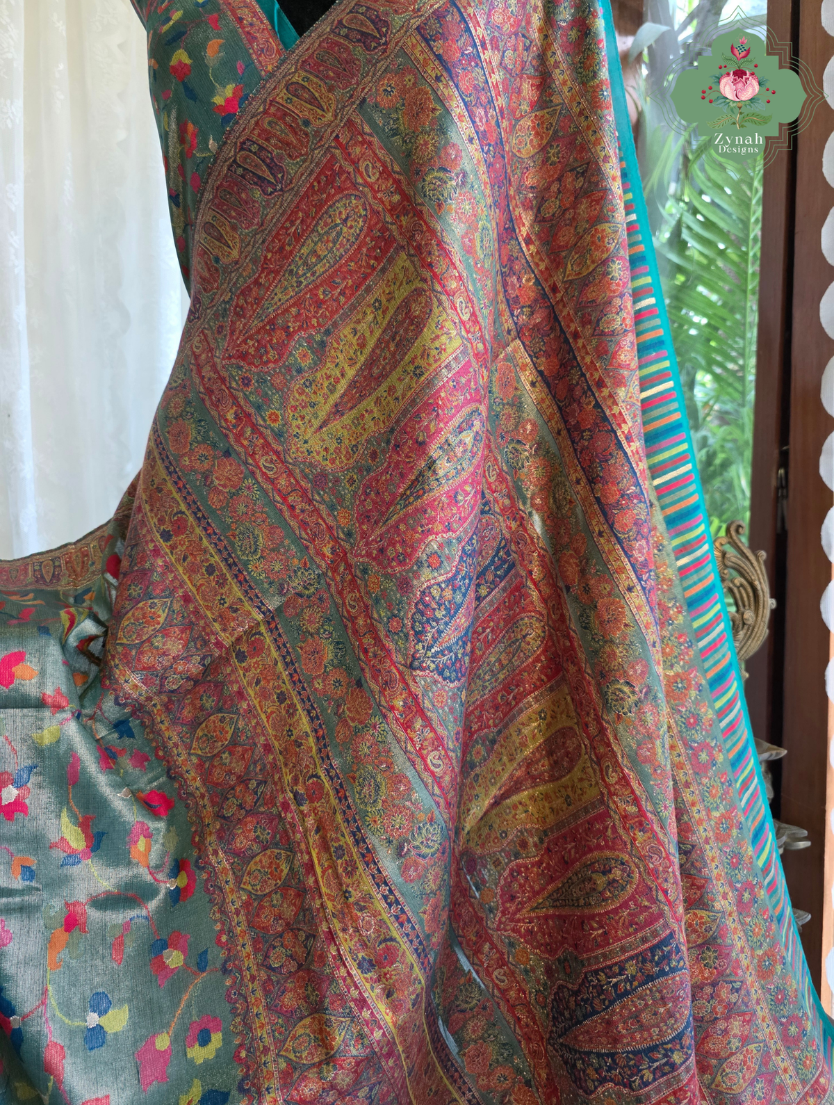 Devika | Teal Blue & Rust Red Kashmiri Pure Kani Tissue Silk Jamavar Weave Saree | Made To Order