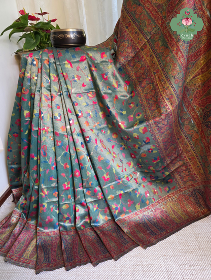 Devika | Teal Blue & Rust Red Kashmiri Pure Kani Tissue Silk Jamavar Weave Saree | Made To Order