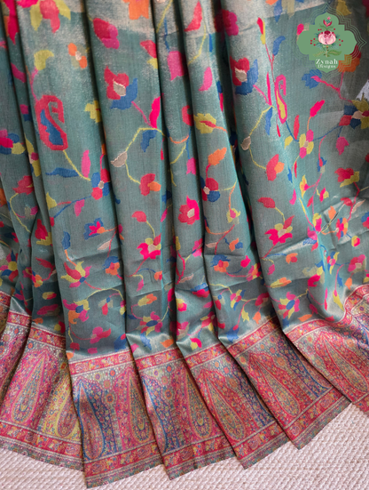 Devika | Teal Blue & Rust Red Kashmiri Pure Kani Tissue Silk Jamavar Weave Saree | Made To Order