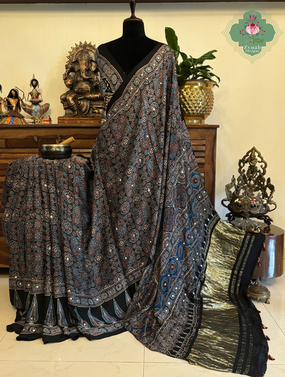 Dilruba Black Modal Silk Ajrakh Saree With Mirror Work And Lagdi Patta Pallu