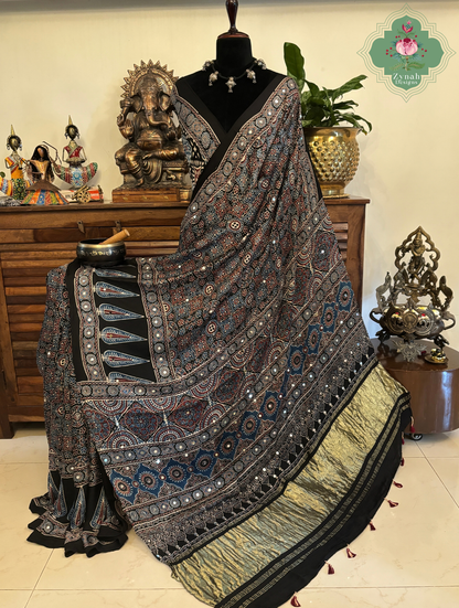 Dilruba Black Modal Silk Ajrakh Saree With Mirror Work And Lagdi Patta Pallu