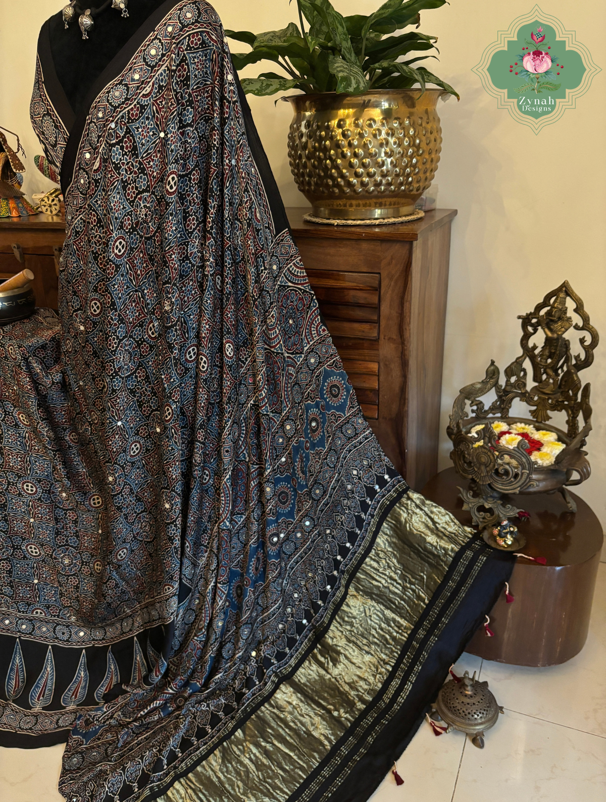Dilruba Black Modal Silk Ajrakh Saree With Mirror Work And Lagdi Patta Pallu