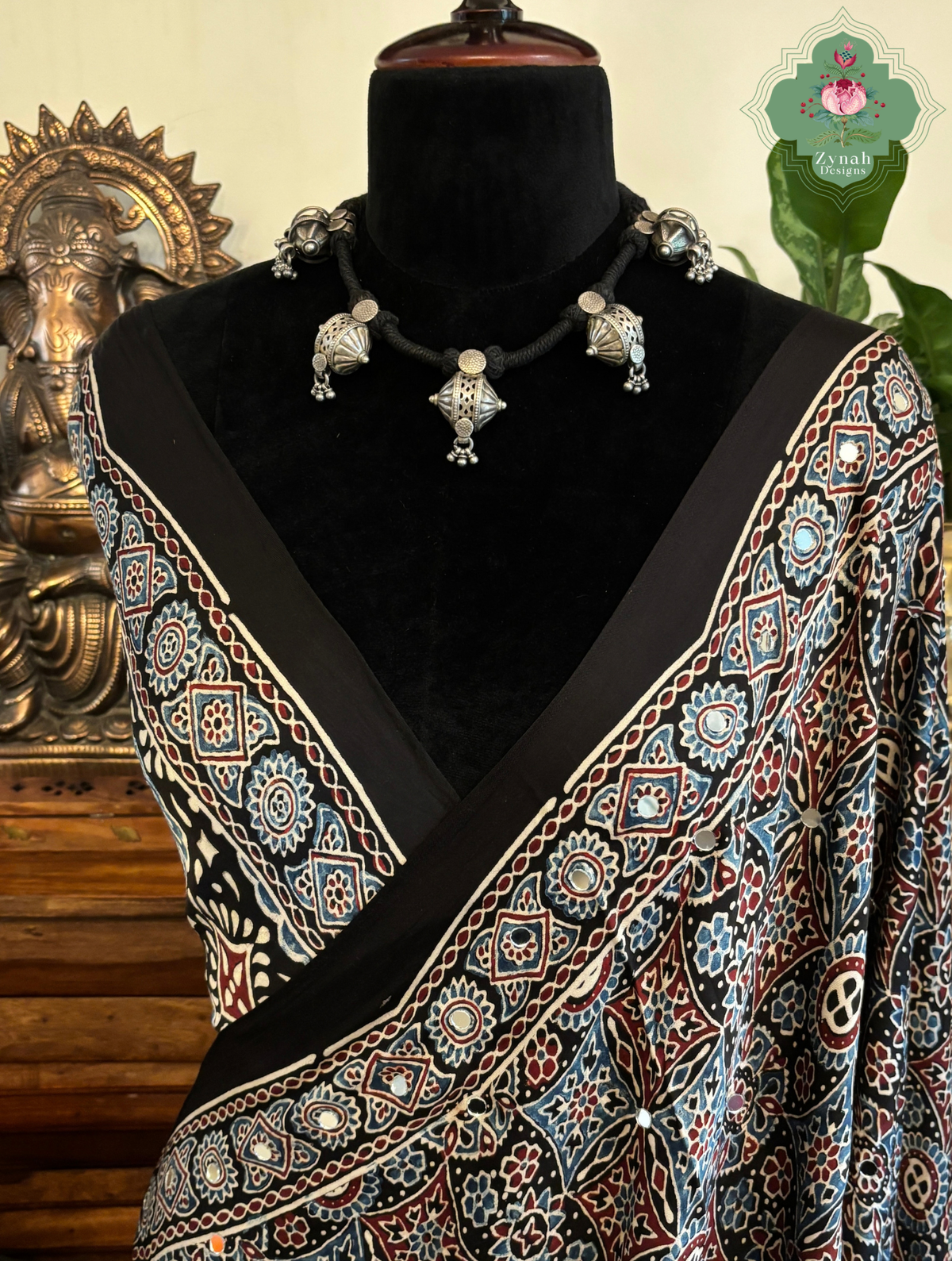 Dilruba Black Modal Silk Ajrakh Saree With Mirror Work And Lagdi Patta Pallu