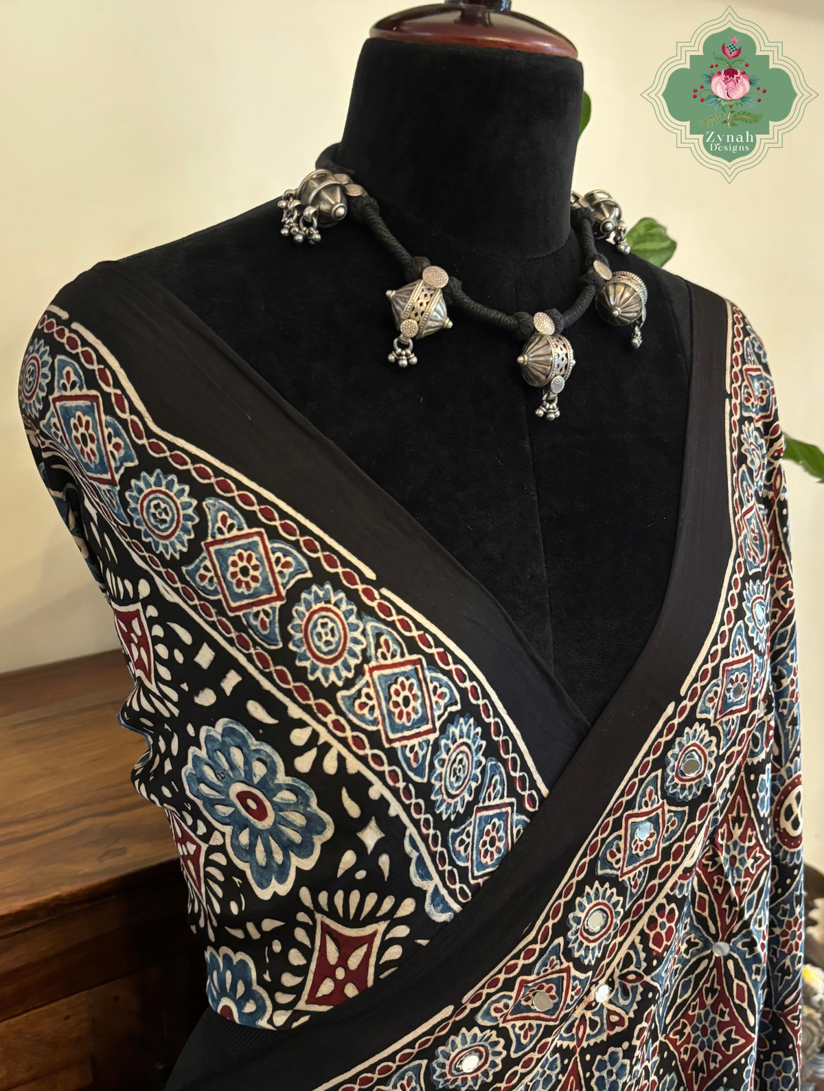 Dilruba Black Modal Silk Ajrakh Saree With Mirror Work And Lagdi Patta Pallu