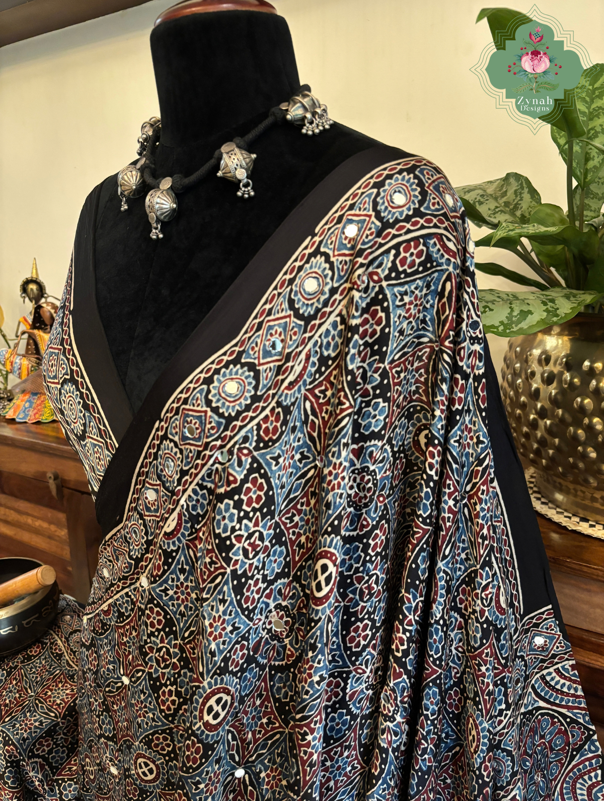 Dilruba Black Modal Silk Ajrakh Saree With Mirror Work And Lagdi Patta Pallu