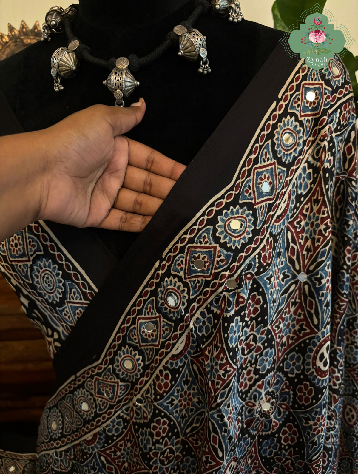 Dilruba Black Modal Silk Ajrakh Saree With Mirror Work And Lagdi Patta Pallu