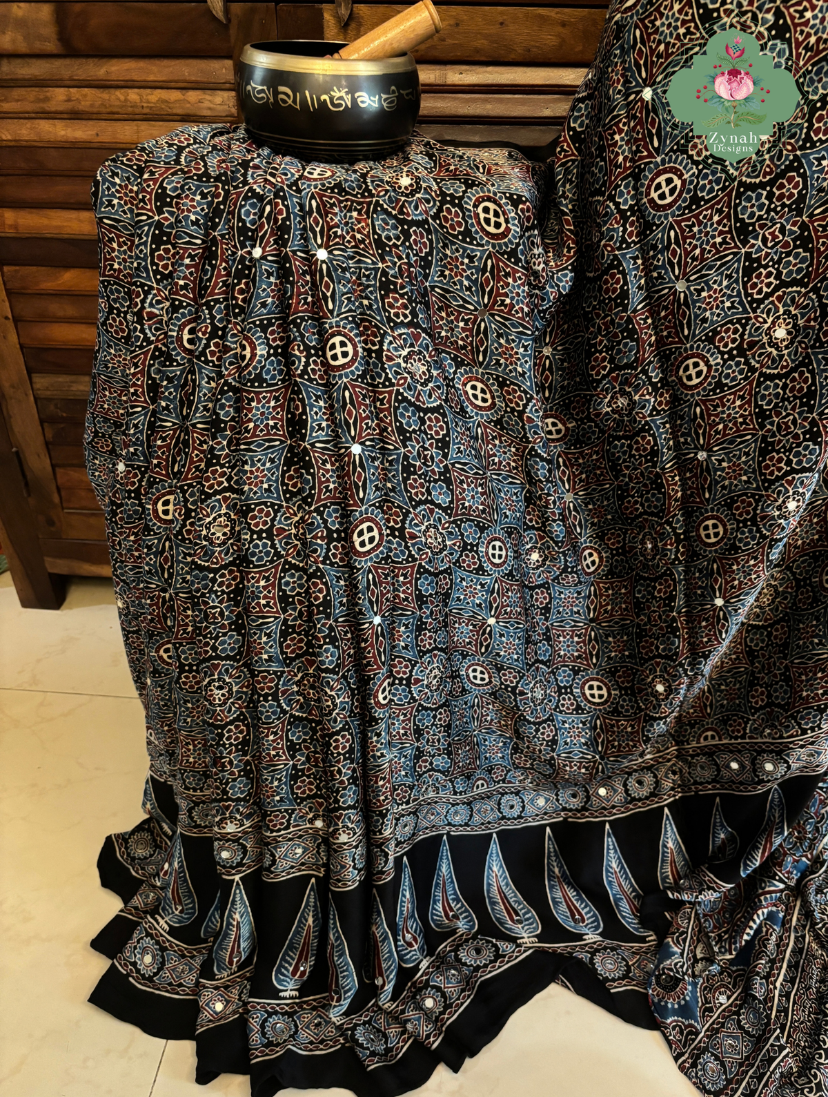 Dilruba Black Modal Silk Ajrakh Saree With Mirror Work And Lagdi Patta Pallu