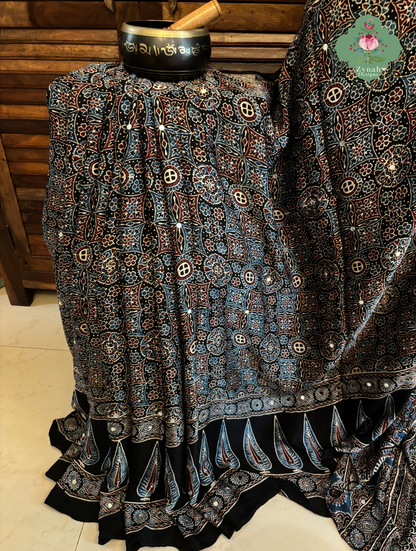 Dilruba Black Modal Silk Ajrakh Saree With Mirror Work And Lagdi Patta Pallu