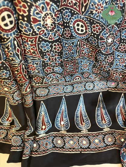 Dilruba Black Modal Silk Ajrakh Saree With Mirror Work And Lagdi Patta Pallu