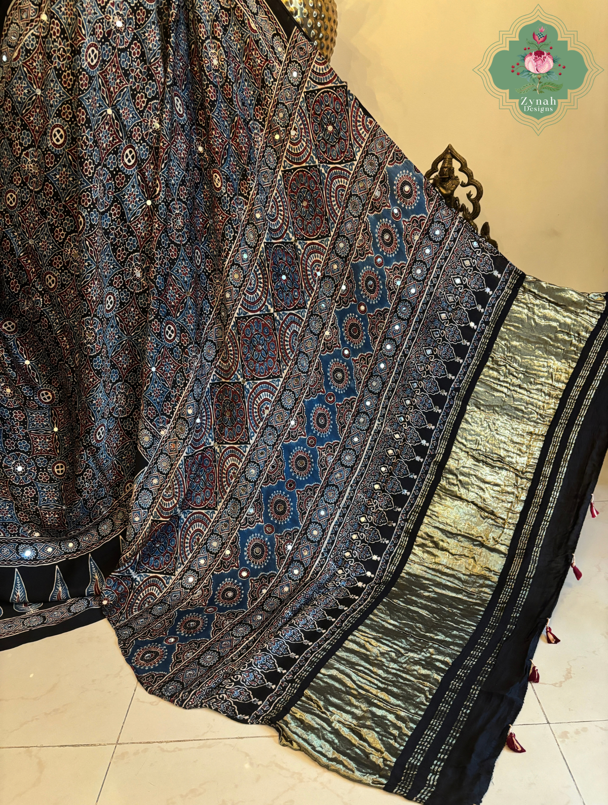 Dilruba Black Modal Silk Ajrakh Saree With Mirror Work And Lagdi Patta Pallu