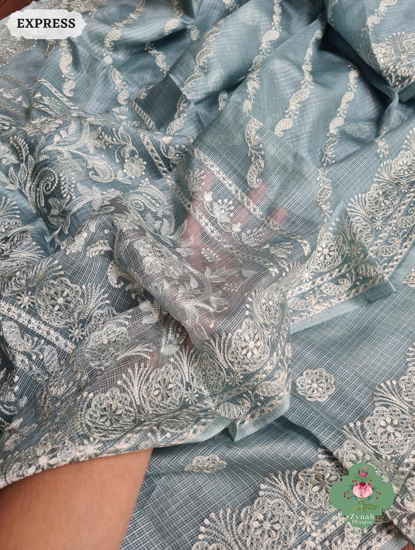 Zynah Dusty Mint Pure Tussar Kota Silk Lehriya Style Saree with Chikankari-Inspired Embroidery; Custom Stitched/Ready-made Blouse, Fall, Petticoat; SKU: 1604202502