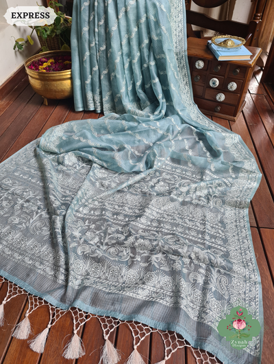 Zynah Dusty Mint Pure Tussar Kota Silk Lehriya Style Saree with Chikankari-Inspired Embroidery; Custom Stitched/Ready-made Blouse, Fall, Petticoat; SKU: 1604202502