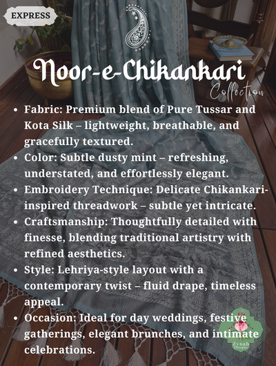 Zynah Dusty Mint Pure Tussar Kota Silk Lehriya Style Saree with Chikankari-Inspired Embroidery; Custom Stitched/Ready-made Blouse, Fall, Petticoat; SKU: 1604202502