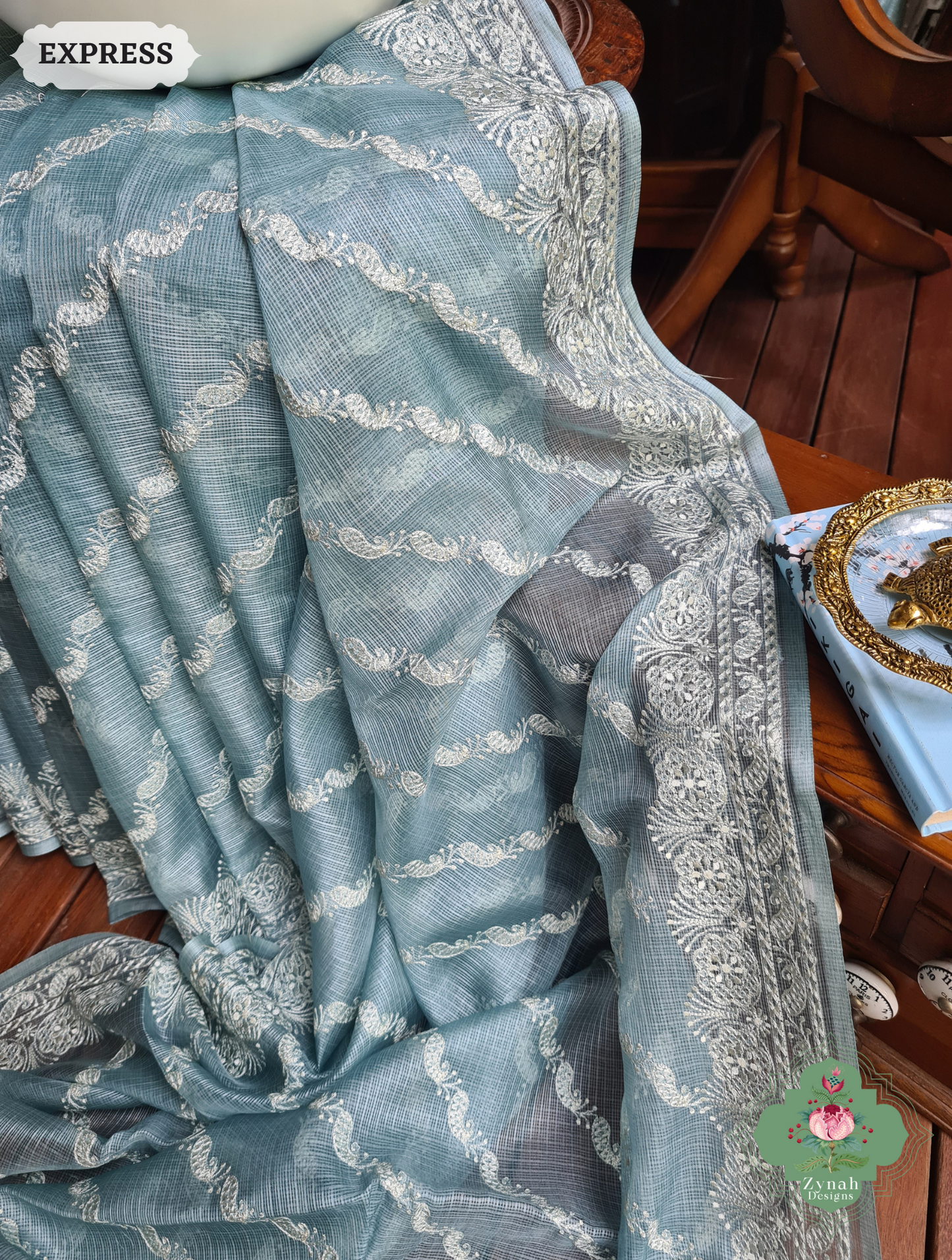 Zynah Dusty Mint Pure Tussar Kota Silk Lehriya Style Saree with Chikankari-Inspired Embroidery; Custom Stitched/Ready-made Blouse, Fall, Petticoat; SKU: 1604202502