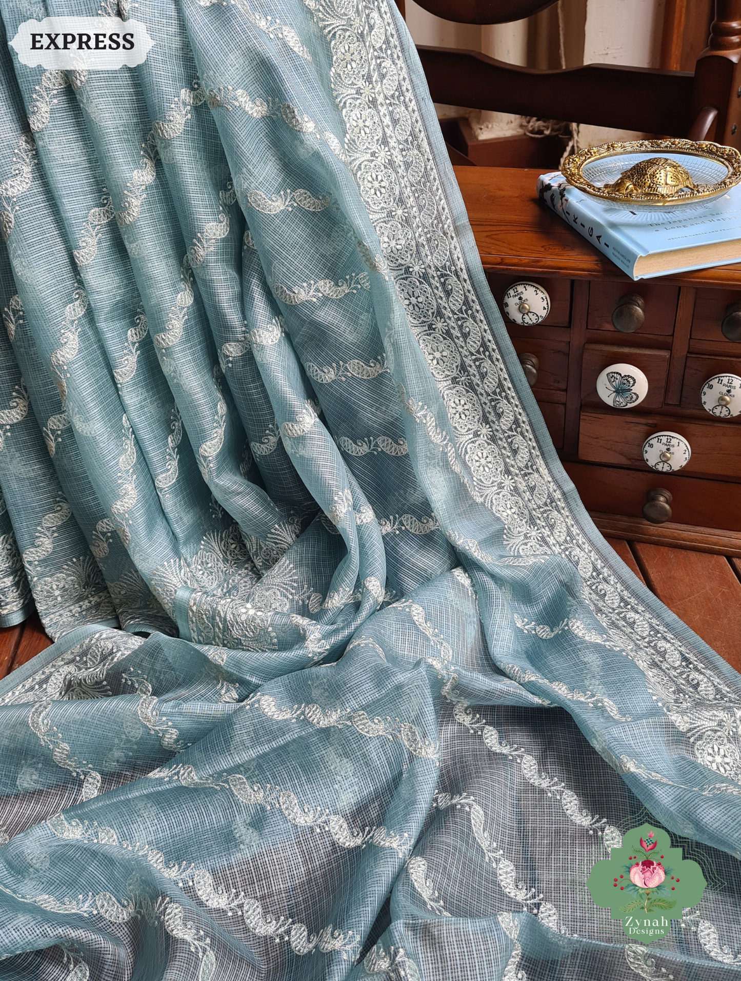 Zynah Dusty Mint Pure Tussar Kota Silk Lehriya Style Saree with Chikankari-Inspired Embroidery; Custom Stitched/Ready-made Blouse, Fall, Petticoat; SKU: 1604202502