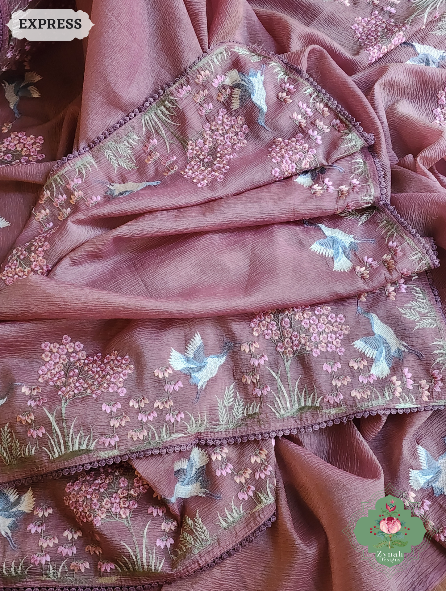Zynah Dusty Rose Crushed Organza Tissue Saree With Exquisite Bird Embroidery; Custom Stitched/Ready-made Blouse, Fall, Petticoat; SKU: 0311202502