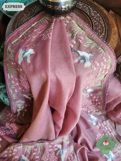 Zynah Dusty Rose Crushed Organza Tissue Saree With Exquisite Bird Embroidery; Custom Stitched/Ready-made Blouse, Fall, Petticoat; SKU: 0311202502