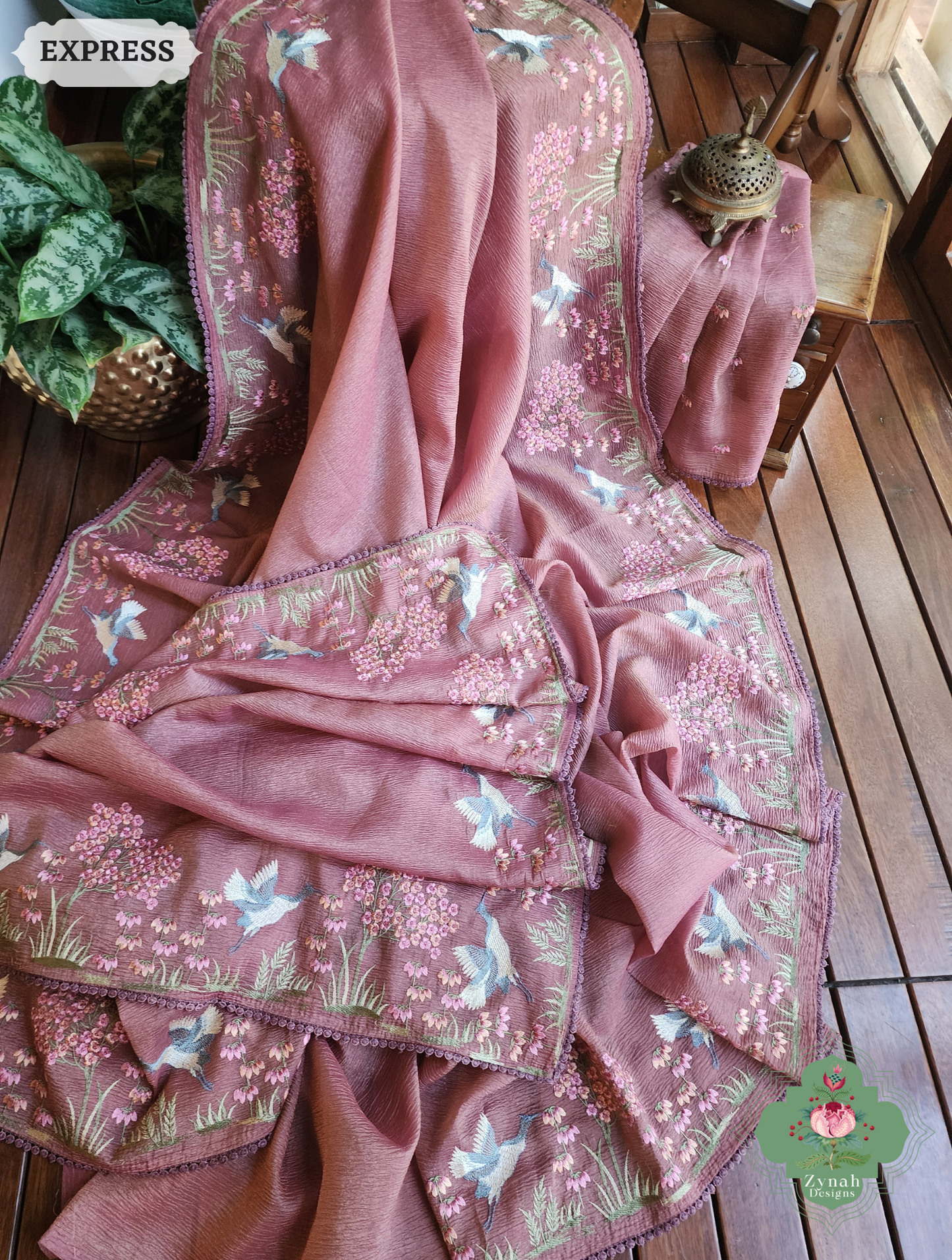 Zynah Dusty Rose Crushed Organza Tissue Saree With Exquisite Bird Embroidery; Custom Stitched/Ready-made Blouse, Fall, Petticoat; SKU: 0311202502