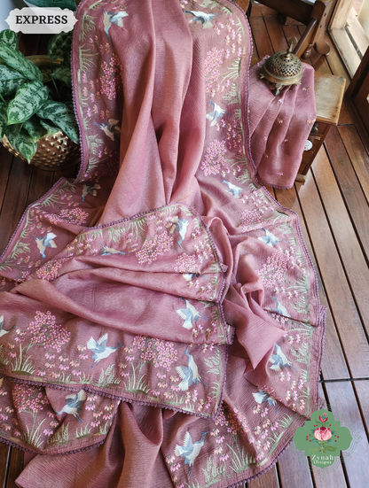 Zynah Dusty Rose Crushed Organza Tissue Saree With Exquisite Bird Embroidery; Custom Stitched/Ready-made Blouse, Fall, Petticoat; SKU: 0311202502