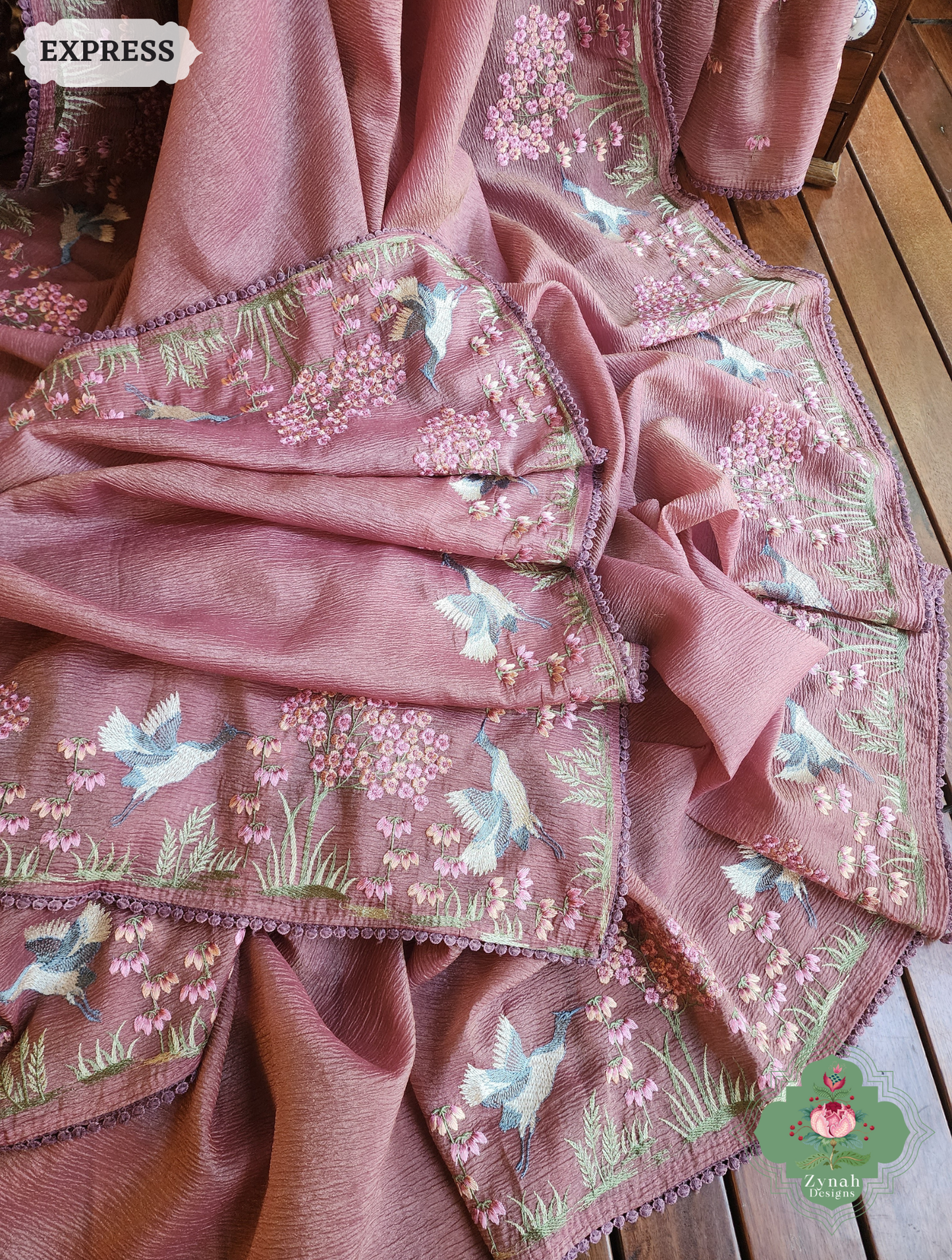 Zynah Dusty Rose Crushed Organza Tissue Saree With Exquisite Bird Embroidery; Custom Stitched/Ready-made Blouse, Fall, Petticoat; SKU: 0311202502