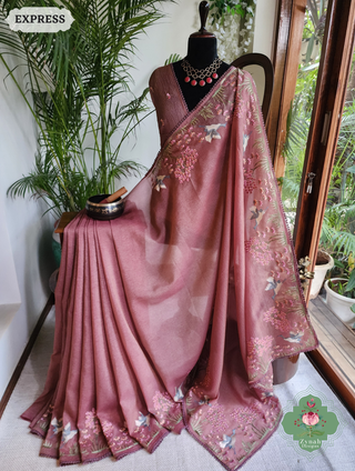 Zynah Dusty Rose Crushed Organza Tissue Saree With Exquisite Bird Embroidery; Custom Stitched/Ready-made Blouse, Fall, Petticoat; SKU: 0311202502