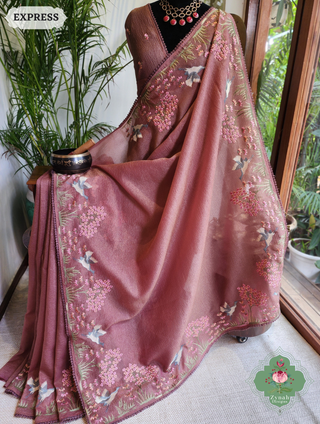 Zynah Dusty Rose Crushed Organza Tissue Saree With Exquisite Bird Embroidery; Custom Stitched/Ready-made Blouse, Fall, Petticoat; SKU: 0311202502