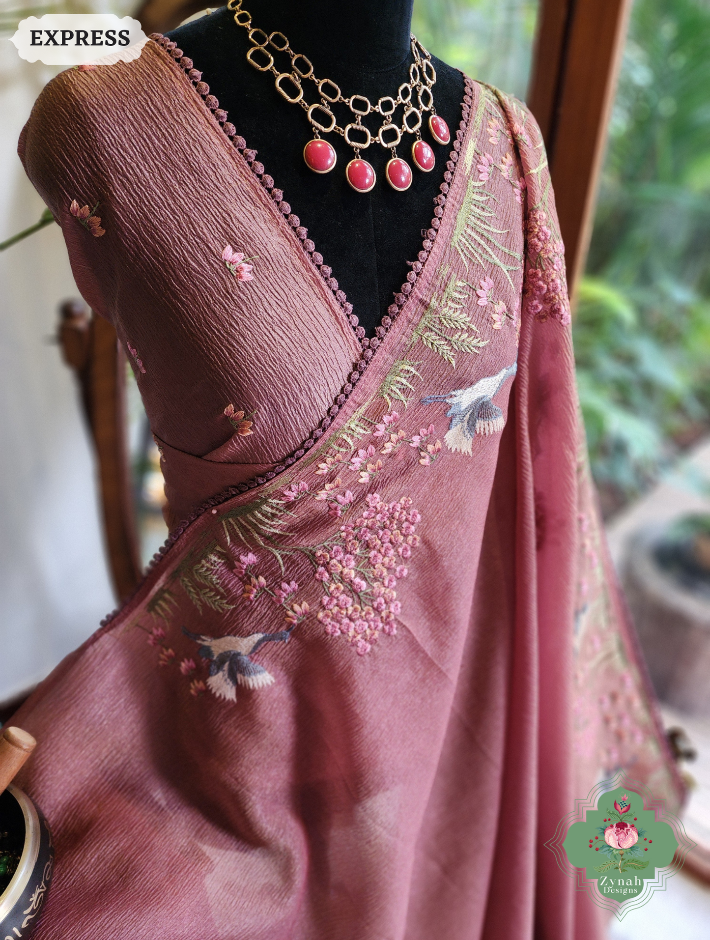 Zynah Dusty Rose Crushed Organza Tissue Saree With Exquisite Bird Embroidery; Custom Stitched/Ready-made Blouse, Fall, Petticoat; SKU: 0311202502