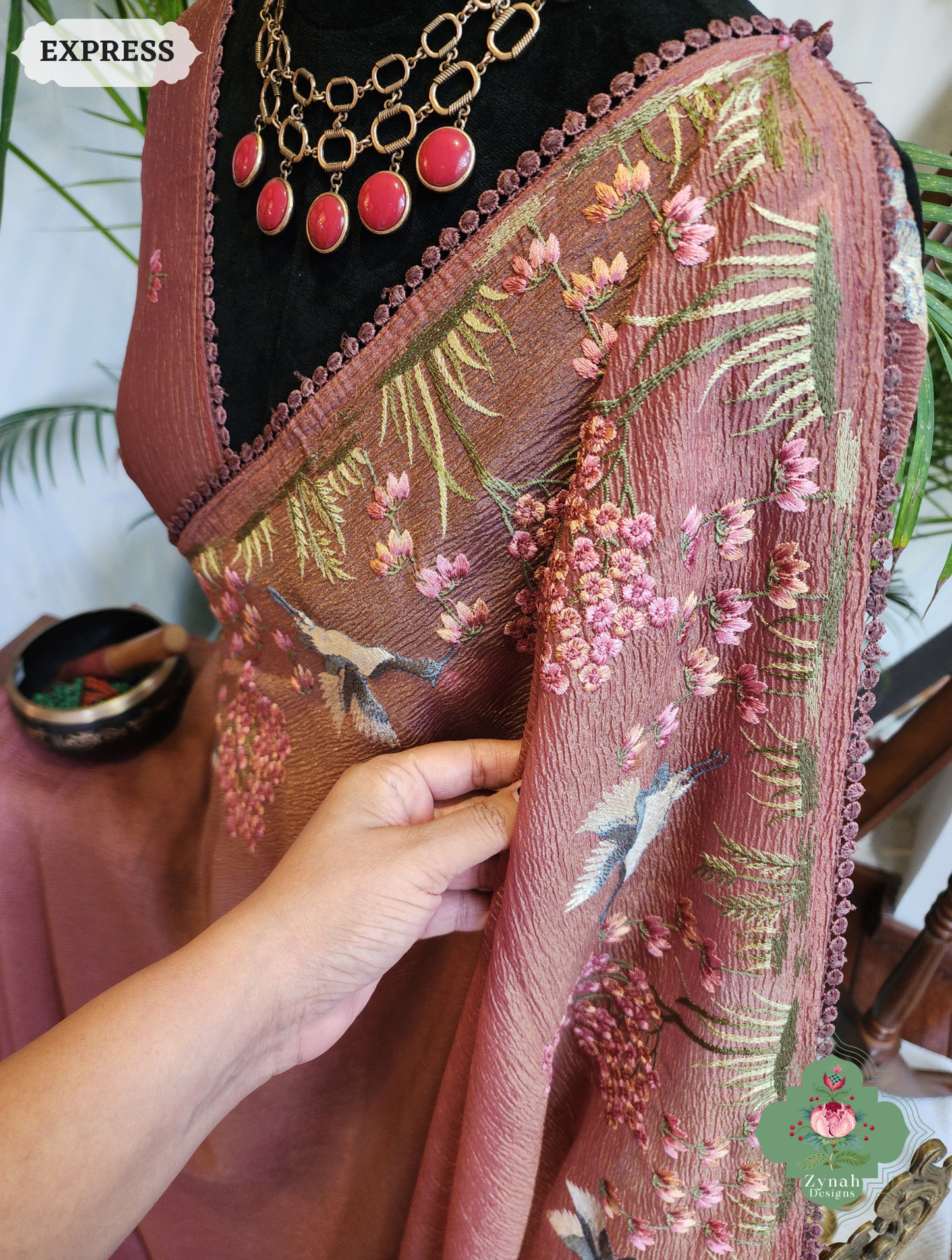 Zynah Dusty Rose Crushed Organza Tissue Saree With Exquisite Bird Embroidery; Custom Stitched/Ready-made Blouse, Fall, Petticoat; SKU: 0311202502