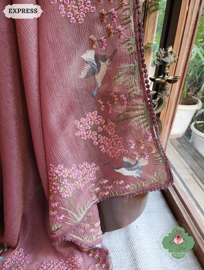 Zynah Dusty Rose Crushed Organza Tissue Saree With Exquisite Bird Embroidery; Custom Stitched/Ready-made Blouse, Fall, Petticoat; SKU: 0311202502