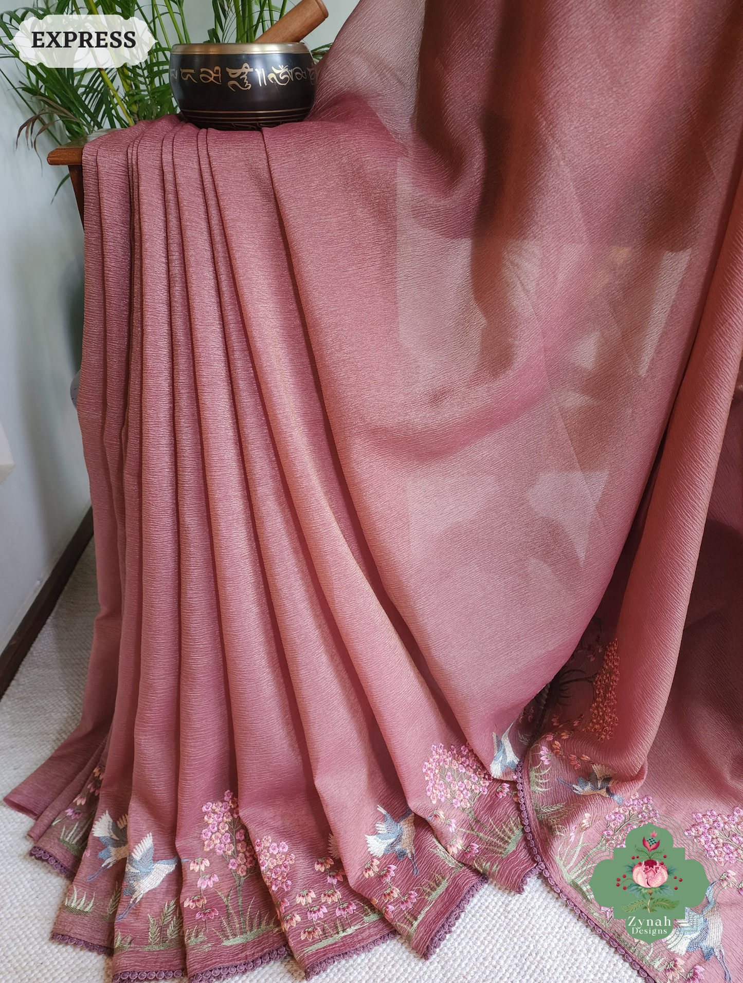 Zynah Dusty Rose Crushed Organza Tissue Saree With Exquisite Bird Embroidery; Custom Stitched/Ready-made Blouse, Fall, Petticoat; SKU: 0311202502