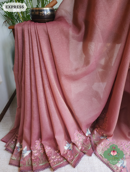 Zynah Dusty Rose Crushed Organza Tissue Saree With Exquisite Bird Embroidery; Custom Stitched/Ready-made Blouse, Fall, Petticoat; SKU: 0311202502