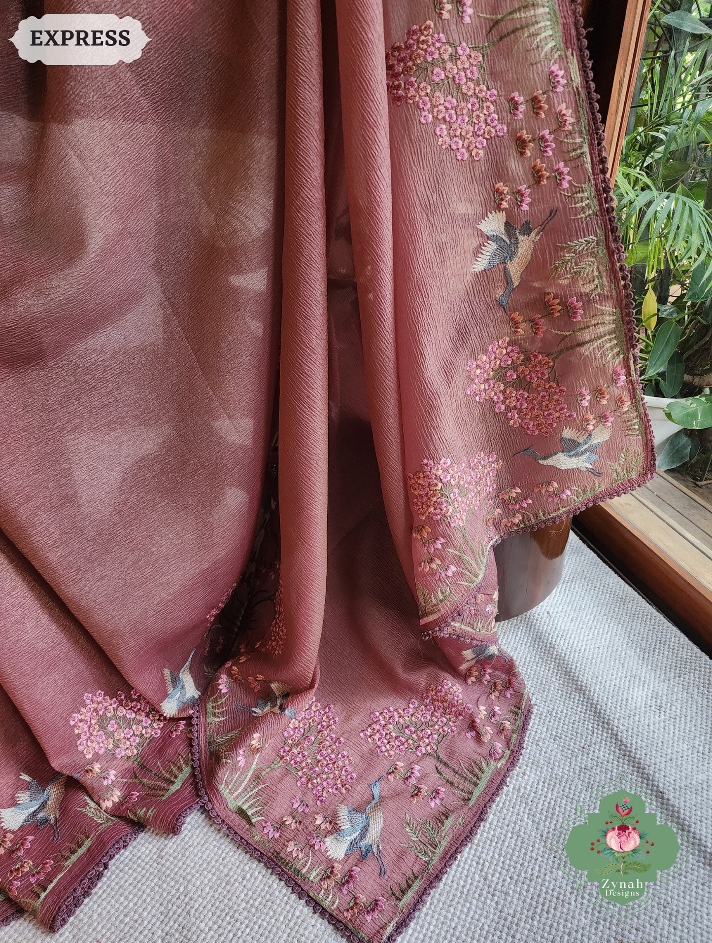 Zynah Dusty Rose Crushed Organza Tissue Saree With Exquisite Bird Embroidery; Custom Stitched/Ready-made Blouse, Fall, Petticoat; SKU: 0311202502