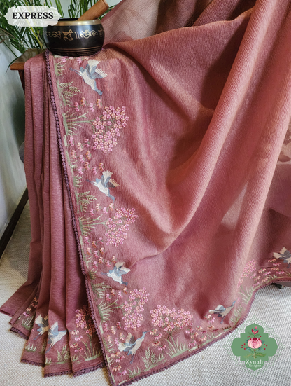 Zynah Dusty Rose Crushed Organza Tissue Saree With Exquisite Bird Embroidery; Custom Stitched/Ready-made Blouse, Fall, Petticoat; SKU: 0311202502