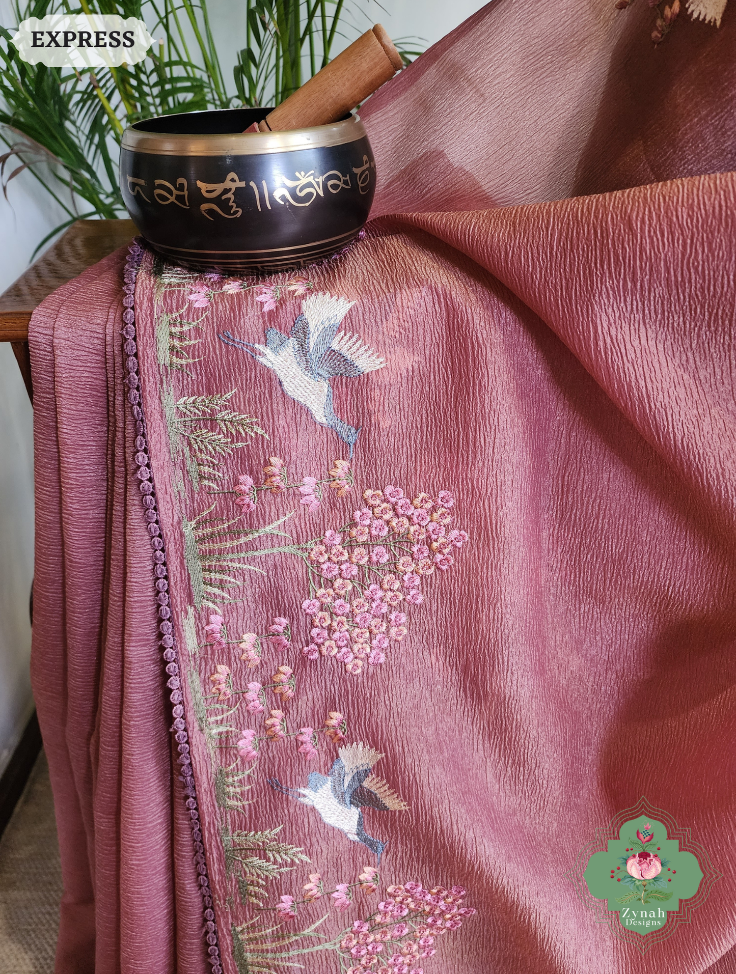 Zynah Dusty Rose Crushed Organza Tissue Saree With Exquisite Bird Embroidery; Custom Stitched/Ready-made Blouse, Fall, Petticoat; SKU: 0311202502