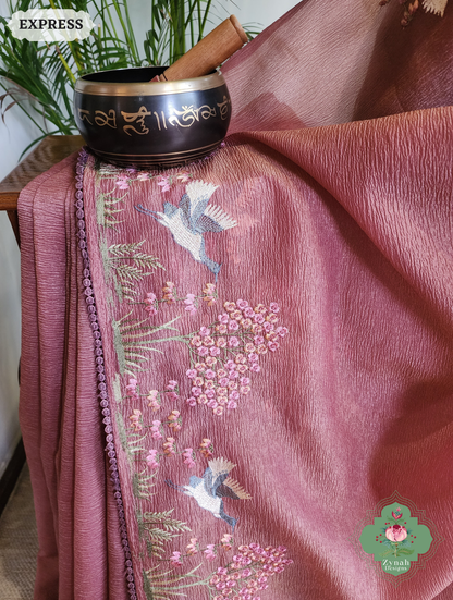 Zynah Dusty Rose Crushed Organza Tissue Saree With Exquisite Bird Embroidery; Custom Stitched/Ready-made Blouse, Fall, Petticoat; SKU: 0311202502