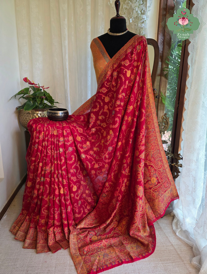 Eshani | Ruby Red Kashmiri Pure Kani Silk Jamavar Weave Saree | Made To Order