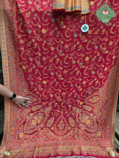 Eshani | Ruby Red Kashmiri Pure Kani Silk Jamavar Weave Saree | Made To Order