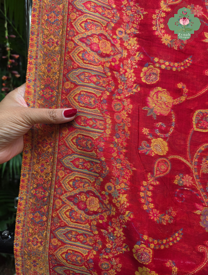 Eshani | Ruby Red Kashmiri Pure Kani Silk Jamavar Weave Saree | Made To Order