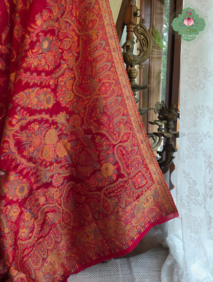 Eshani | Ruby Red Kashmiri Pure Kani Silk Jamavar Weave Saree | Made To Order