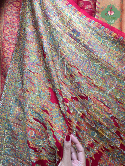 Eshani | Ruby Red Kashmiri Pure Kani Silk Jamavar Weave Saree | Made To Order