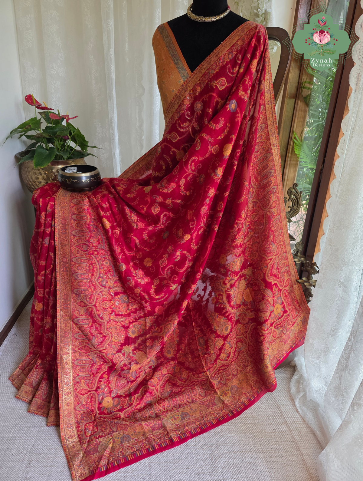 Eshani | Ruby Red Kashmiri Pure Kani Silk Jamavar Weave Saree | Made To Order