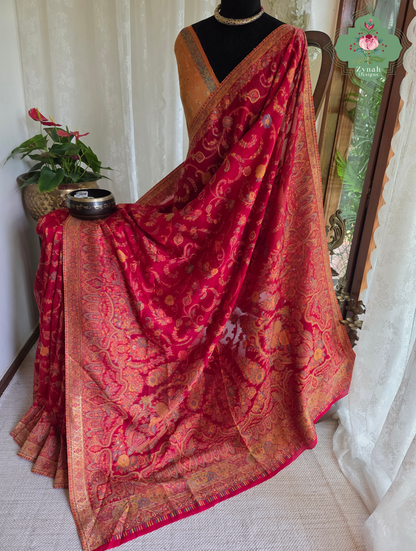 Eshani | Ruby Red Kashmiri Pure Kani Silk Jamavar Weave Saree | Made To Order